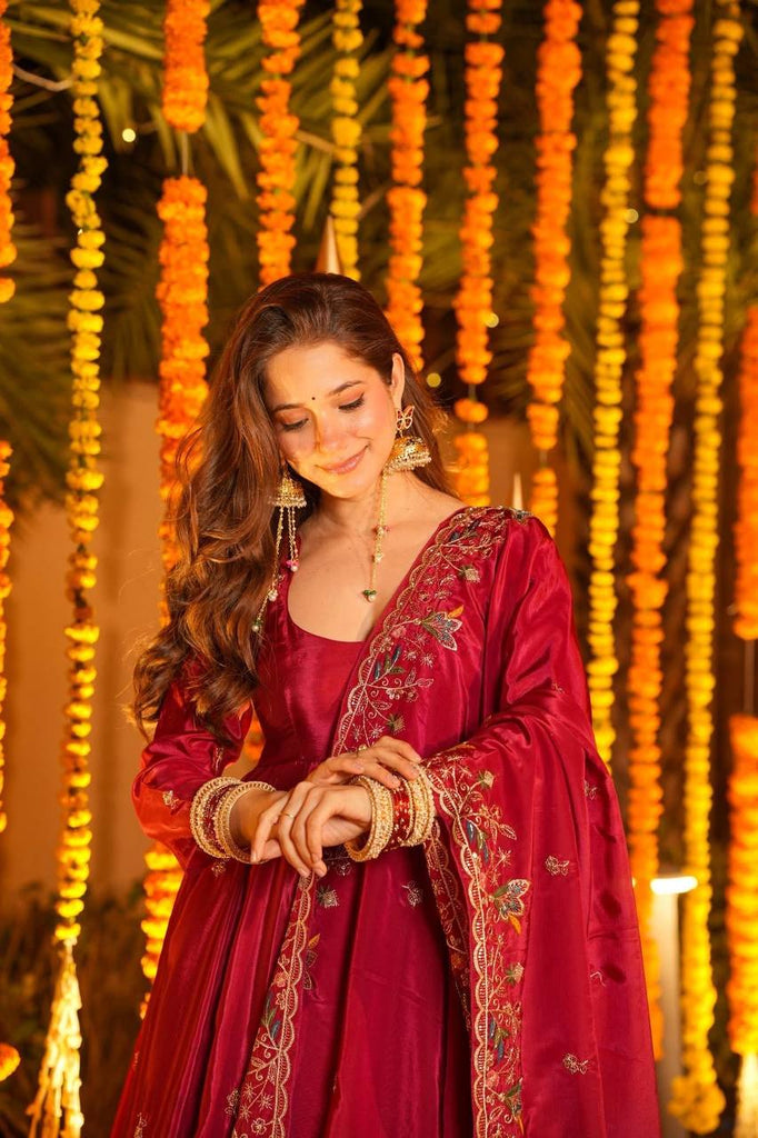 Red Designer Heavy Embroidered Gown Palazzo Set