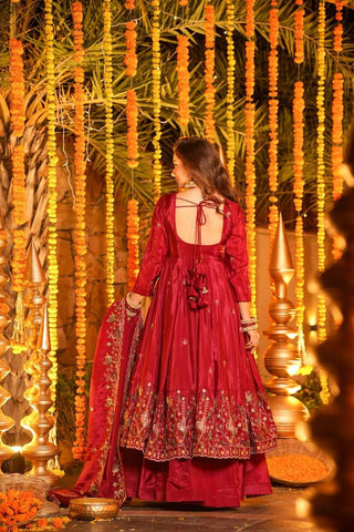 Red Designer Heavy Embroidered Gown Palazzo Set
