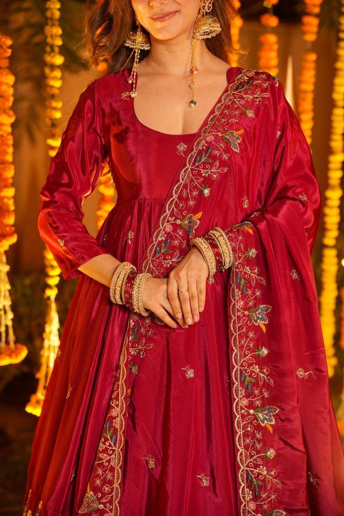 Red Designer Heavy Embroidered Gown Palazzo Set