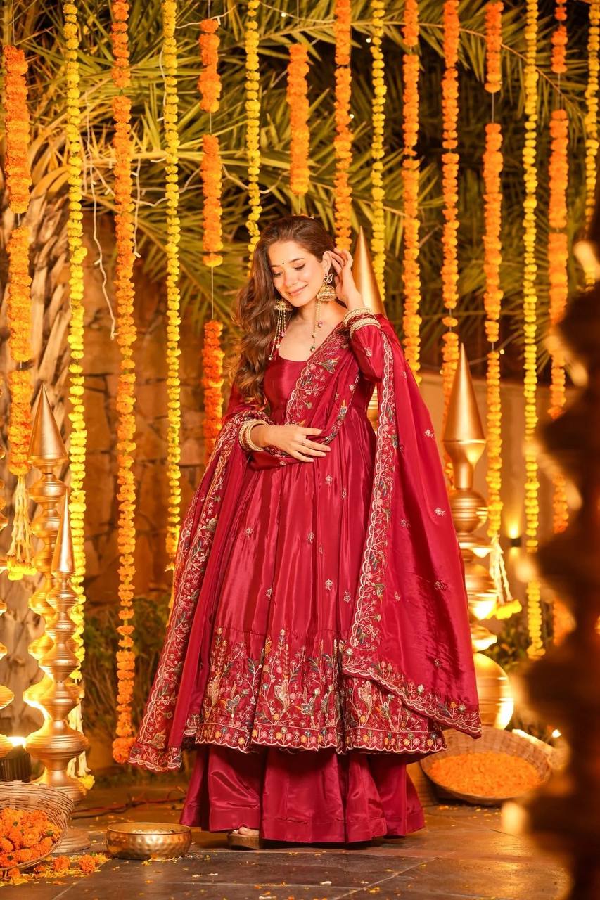 Red Designer Heavy Embroidered Gown Palazzo Set Main image