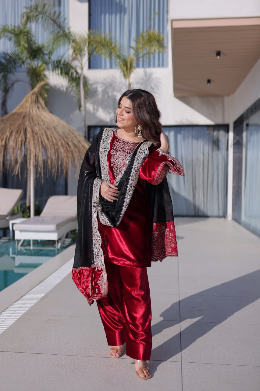Red Designer Ice Velvet Embroidered Pant Set with Sequins Dupatta Clothsvilla
