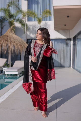 Red Designer Ice Velvet Embroidered Pant Set with Sequins Dupatta Clothsvilla