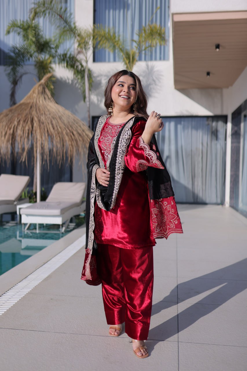 Red Designer Ice Velvet Embroidered Pant Set with Sequins Dupatta Clothsvilla