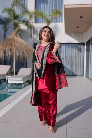 Red Designer Ice Velvet Embroidered Pant Set with Sequins Dupatta Clothsvilla