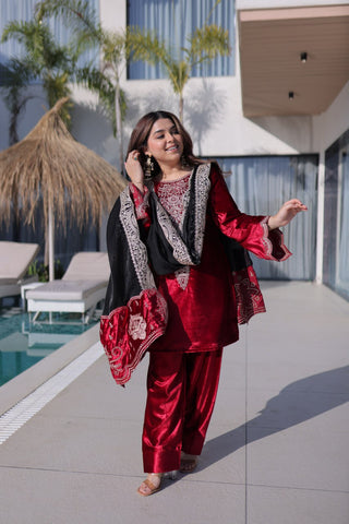 Red Designer Ice Velvet Embroidered Pant Set with Sequins Dupatta Clothsvilla