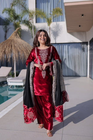 Red Designer Ice Velvet Embroidered Pant Set with Sequins Dupatta Clothsvilla