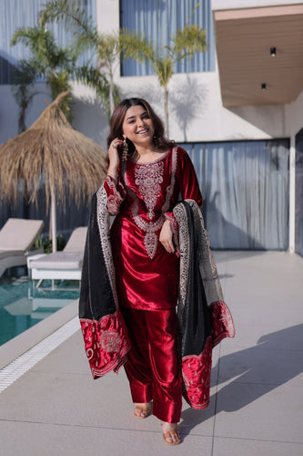 Red Designer Ice Velvet Embroidered Pant Set with Sequins Dupatta Clothsvilla