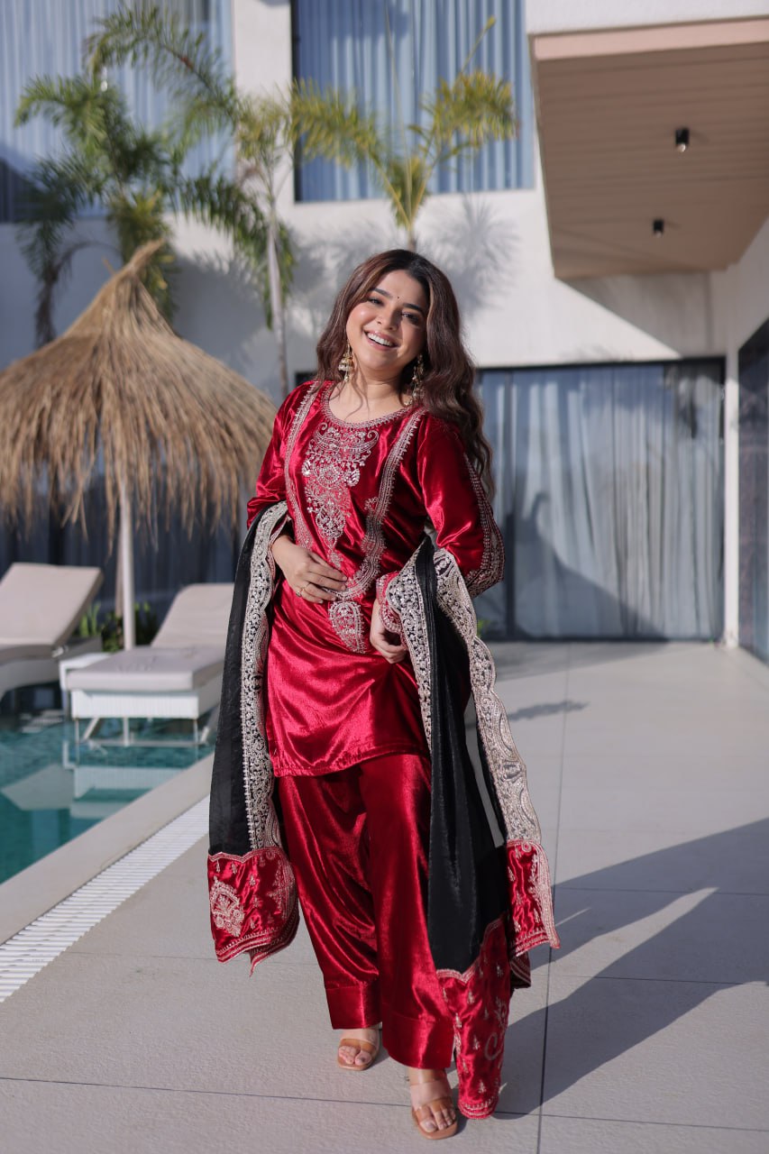 Red Designer Ice Velvet Embroidered Pant Set with Sequins Dupatta Clothsvilla