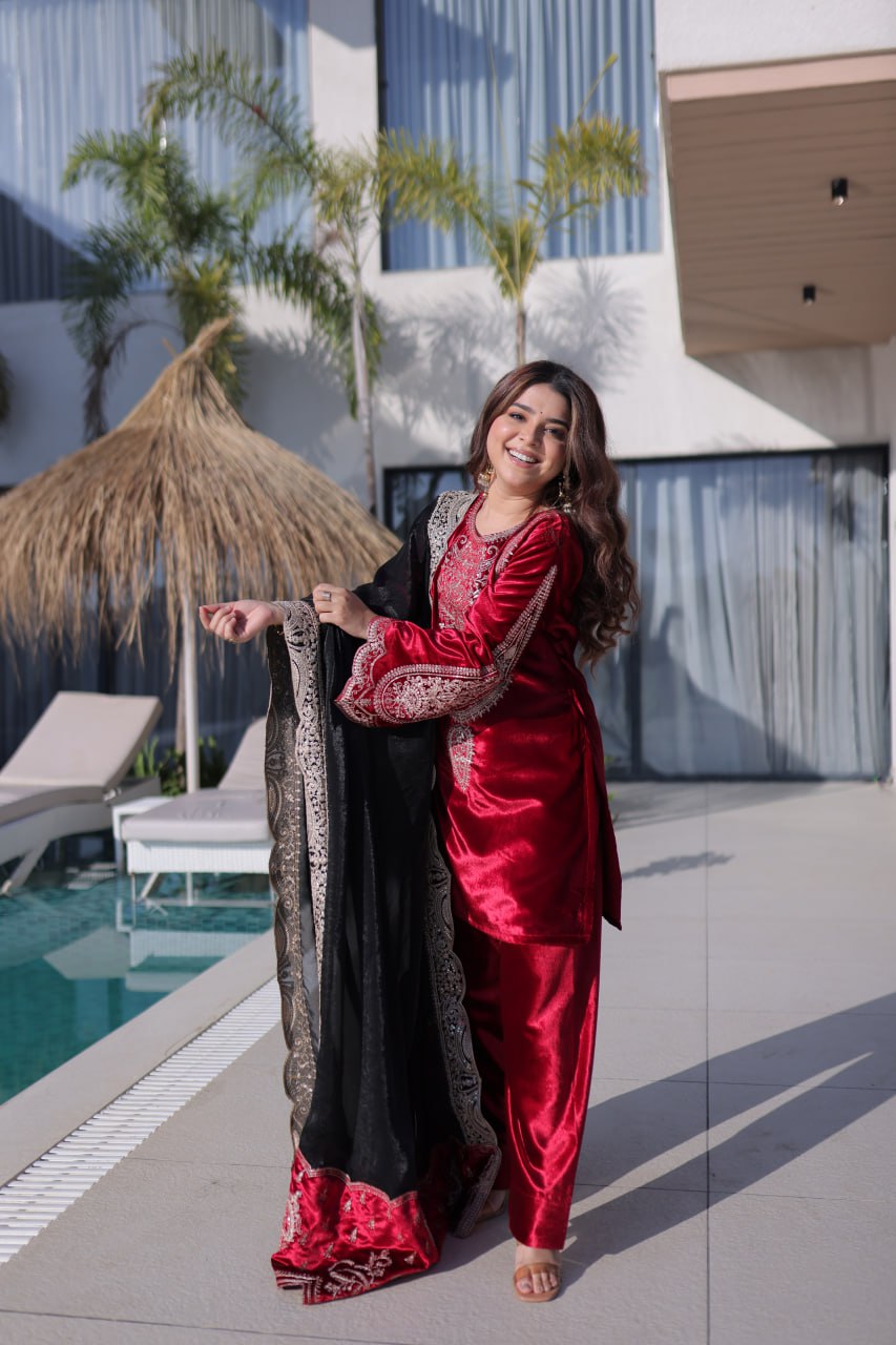 Red Designer Ice Velvet Embroidered Pant Set with Sequins Dupatta Clothsvilla