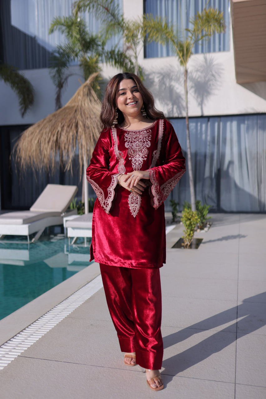 Red Designer Ice Velvet Embroidered Pant Set with Sequins Dupatta Clothsvilla
