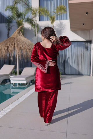 Red Designer Ice Velvet Embroidered Pant Set with Sequins Dupatta Clothsvilla