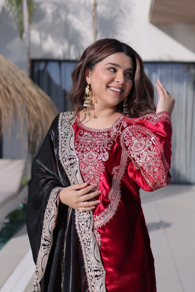 Red Designer Ice Velvet Embroidered Pant Set with Sequins Dupatta Clothsvilla