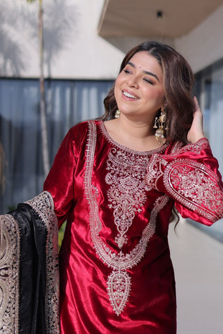 Red Designer Ice Velvet Embroidered Pant Set with Sequins Dupatta Clothsvilla