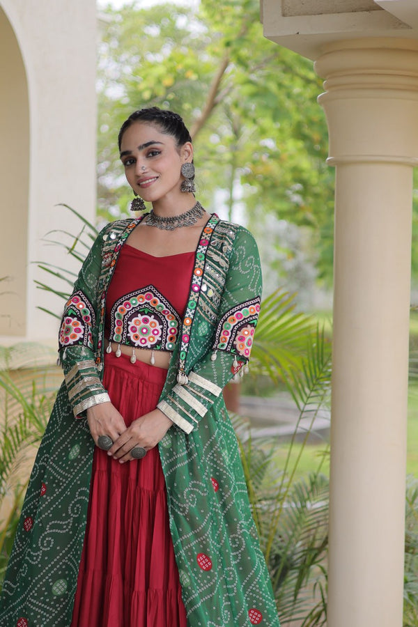 Red Designer Lehenga With Bandhani Shrug ClothsVilla