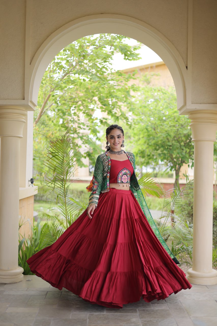 Red Designer Lehenga With Bandhani Shrug ClothsVilla