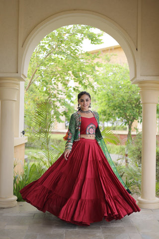 Red Designer Lehenga With Bandhani Shrug ClothsVilla