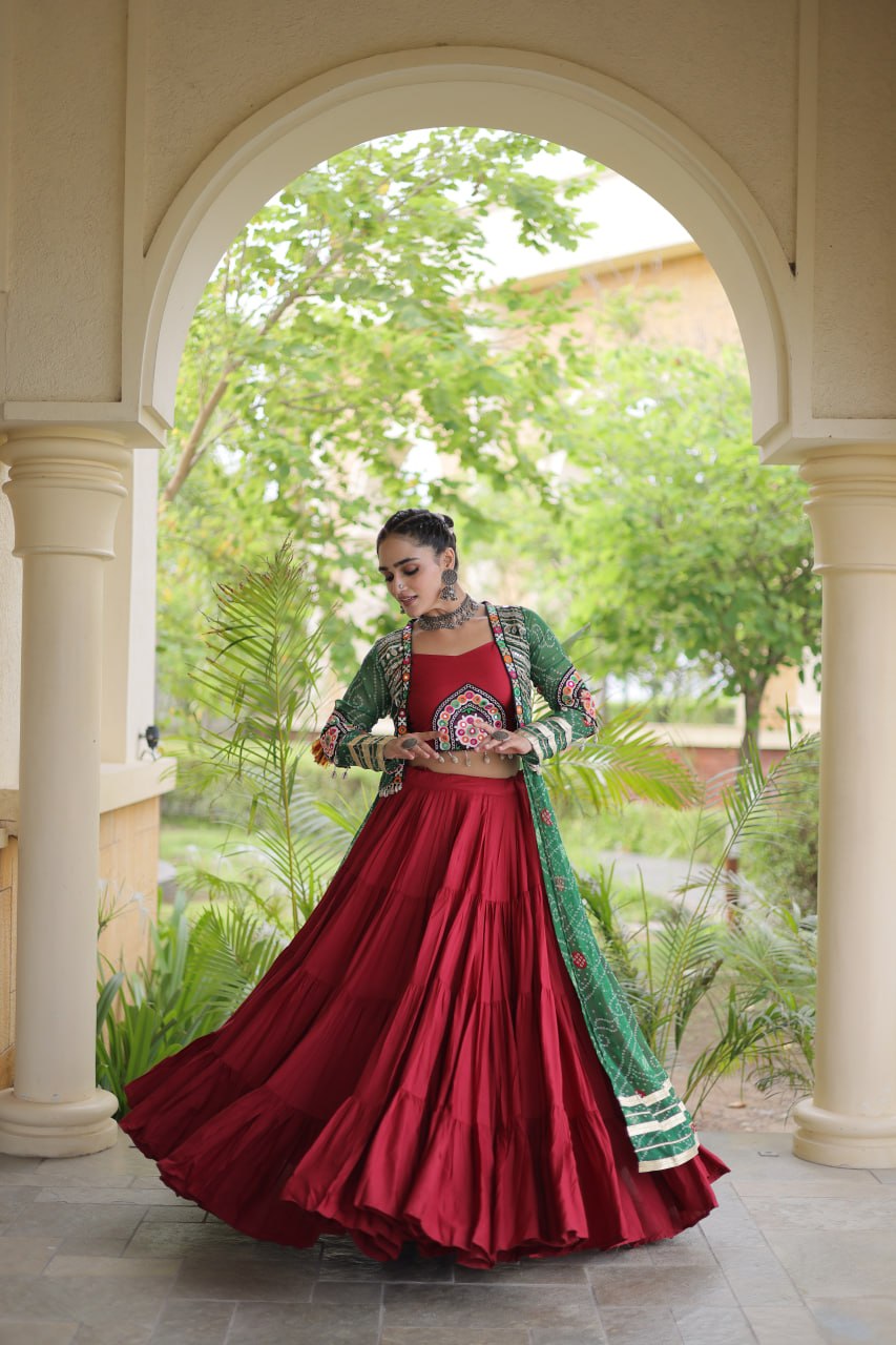 Red Designer Lehenga With Bandhani Shrug ClothsVilla
