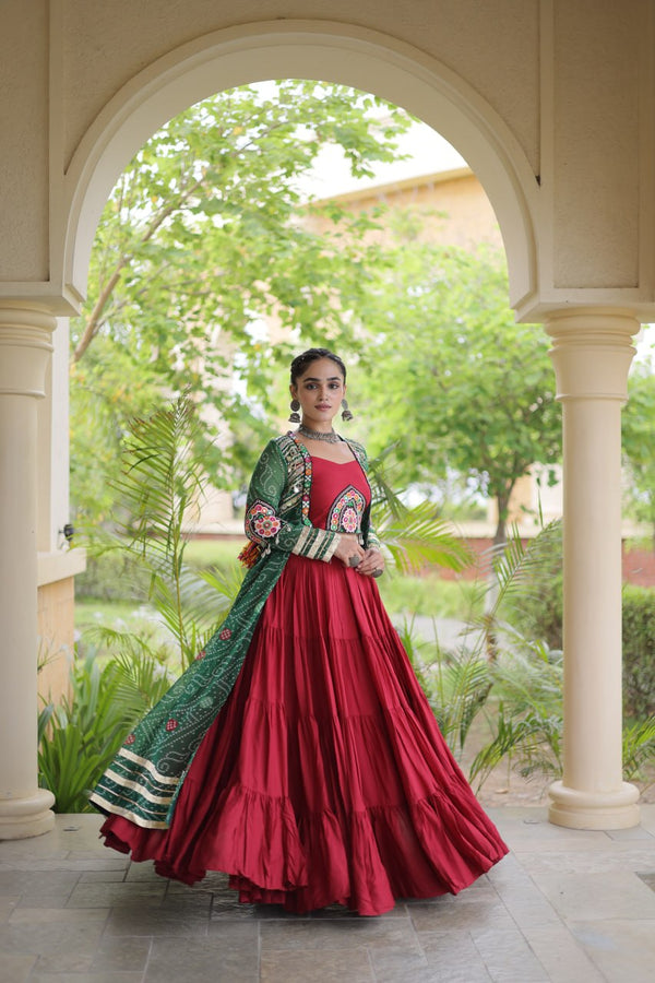 Red Designer Lehenga With Bandhani Shrug ClothsVilla