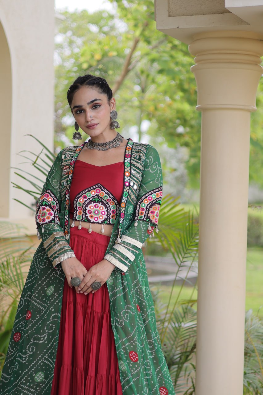 Red Designer Lehenga With Bandhani Shrug ClothsVilla