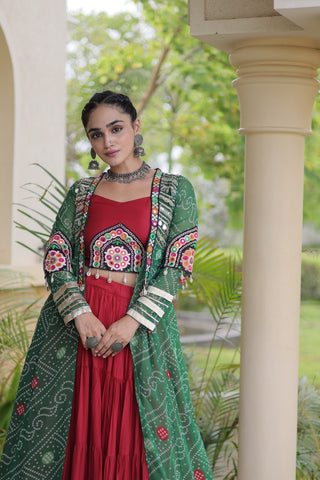 Red Designer Lehenga With Bandhani Shrug ClothsVilla