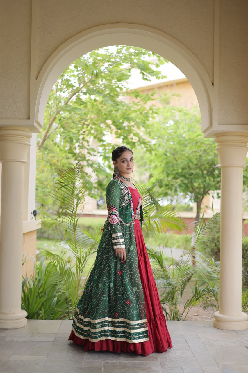 Red Designer Lehenga With Bandhani Shrug ClothsVilla