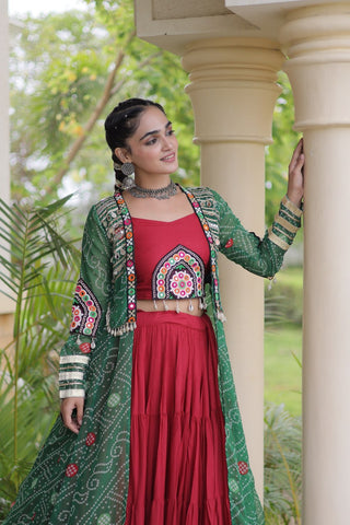 Red Designer Lehenga With Bandhani Shrug ClothsVilla