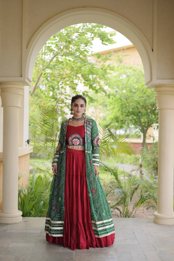 Red Designer Lehenga With Bandhani Shrug ClothsVilla
