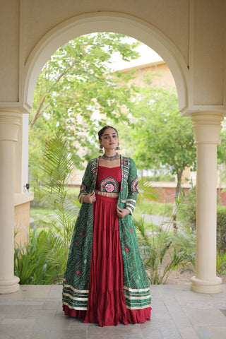 Red Designer Lehenga With Bandhani Shrug ClothsVilla