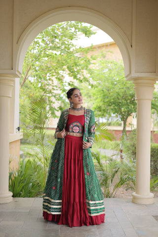 Red Designer Lehenga With Bandhani Shrug ClothsVilla