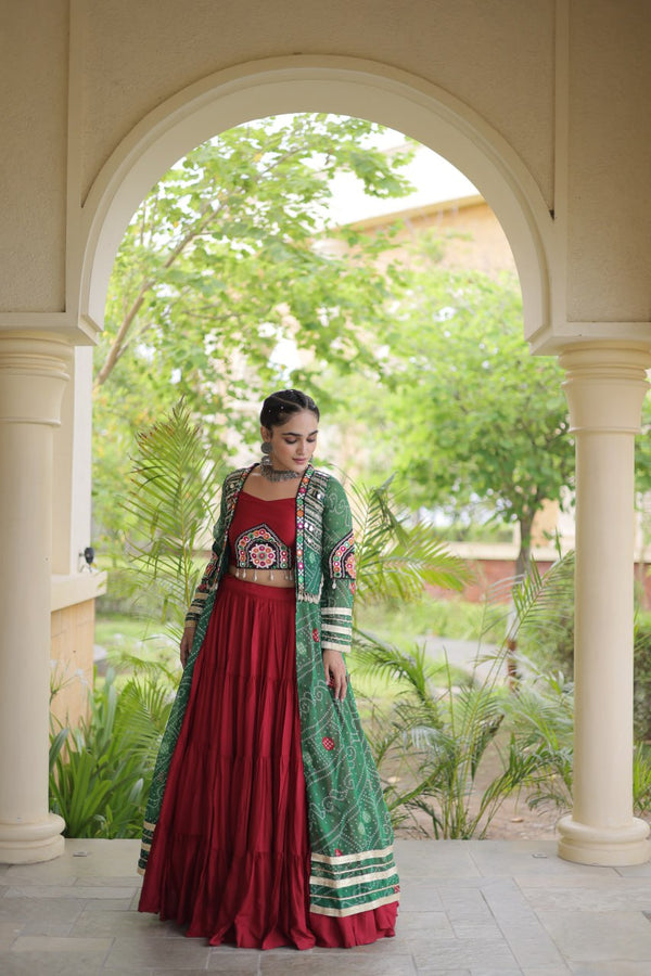 Red Designer Lehenga With Bandhani Shrug ClothsVilla