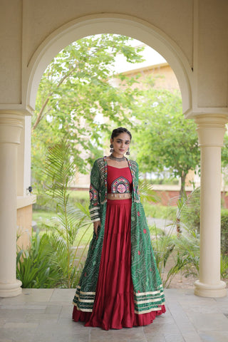 Red Designer Lehenga With Bandhani Shrug ClothsVilla