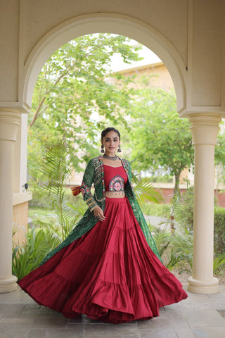 Red Designer Lehenga With Bandhani Shrug ClothsVilla