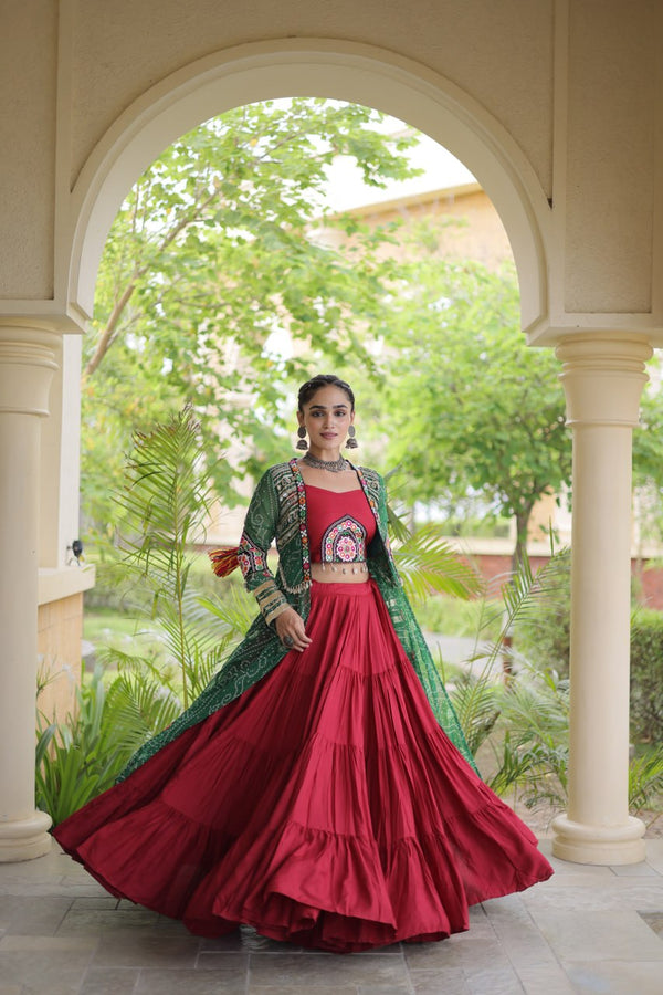 Red Designer Lehenga With Bandhani Shrug ClothsVilla