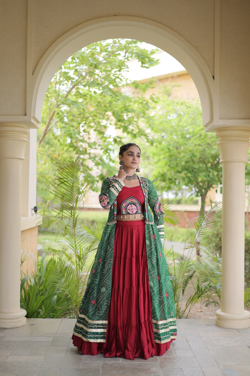 Red Designer Lehenga With Bandhani Shrug ClothsVilla