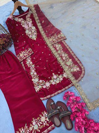Red Designer Party Wear Chinon Silk Plazzo Set – Exquisite Embroidery & Handwork ClothsVilla