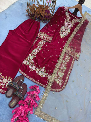 Red Designer Party Wear Chinon Silk Plazzo Set – Exquisite Embroidery & Handwork ClothsVilla