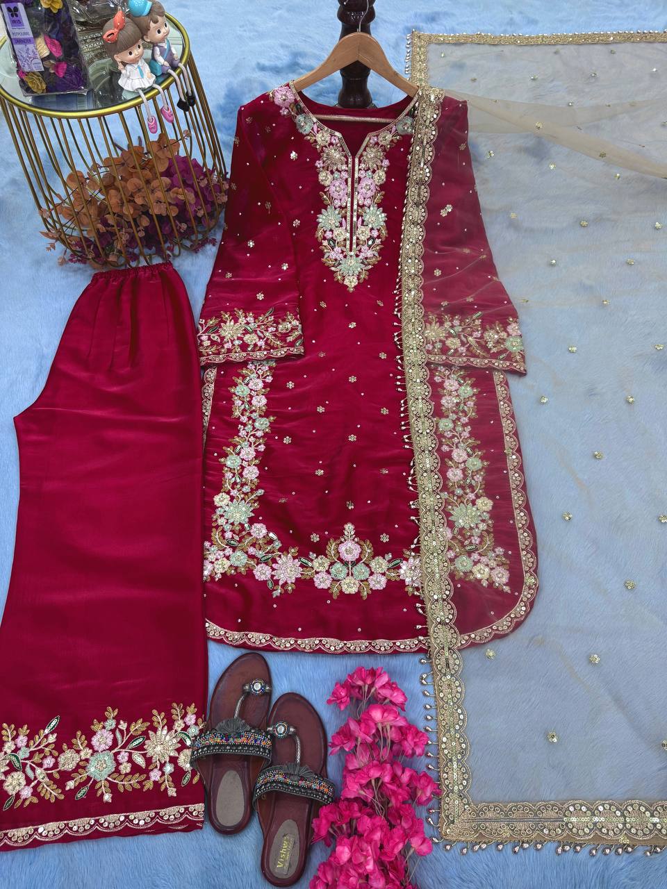 Red Designer Party Wear Chinon Silk Plazzo Set – Exquisite Embroidery & Handwork ClothsVilla Main image
