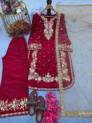 Red Designer Party Wear Chinon Silk Plazzo Set – Exquisite Embroidery & Handwork ClothsVilla