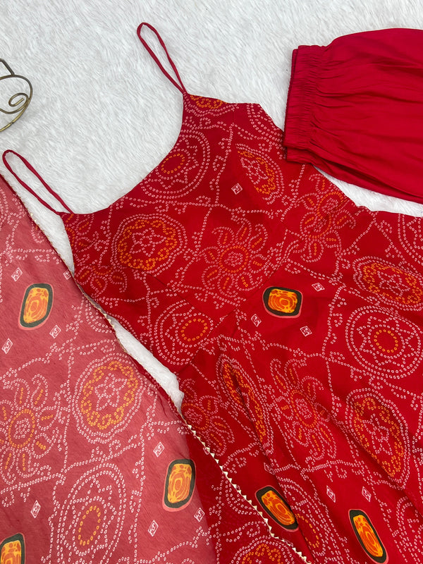 Red Designer Pure Chiffon Bandhej Anarkali Gown with 8-Meter Flare, Padded Backless Dori Pattern & Matching Dupatta – Fully Stitched Festive & Wedding Wear ClothsVilla