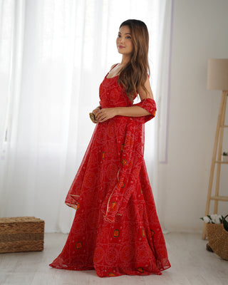 Red Designer Pure Chiffon Bandhej Anarkali Gown with 8-Meter Flare, Padded Backless Dori Pattern & Matching Dupatta – Fully Stitched Festive & Wedding Wear ClothsVilla