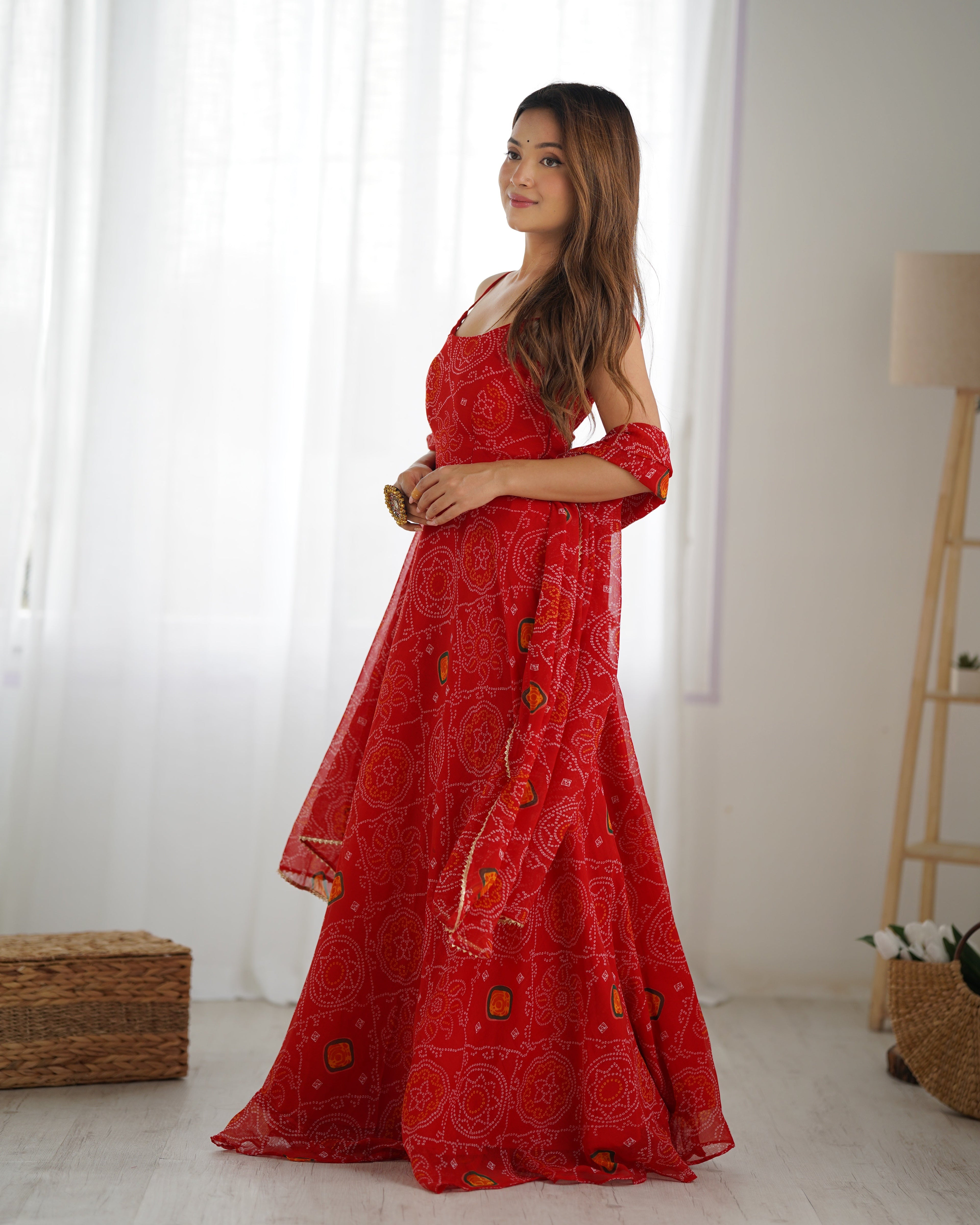 Red Designer Pure Chiffon Bandhej Anarkali Gown with 8-Meter Flare, Padded Backless Dori Pattern & Matching Dupatta – Fully Stitched Festive & Wedding Wear ClothsVilla