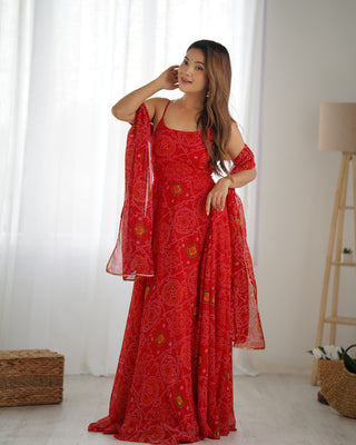 Red Designer Pure Chiffon Bandhej Anarkali Gown with 8-Meter Flare, Padded Backless Dori Pattern & Matching Dupatta – Fully Stitched Festive & Wedding Wear ClothsVilla