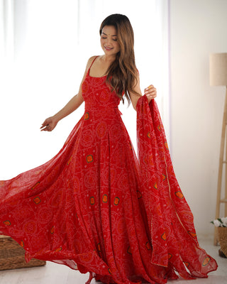 Red Designer Pure Chiffon Bandhej Anarkali Gown with 8-Meter Flare, Padded Backless Dori Pattern & Matching Dupatta – Fully Stitched Festive & Wedding Wear ClothsVilla