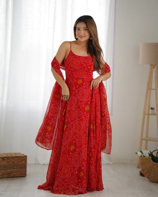 Red Designer Pure Chiffon Bandhej Anarkali Gown with 8-Meter Flare, Padded Backless Dori Pattern & Matching Dupatta – Fully Stitched Festive & Wedding Wear ClothsVilla