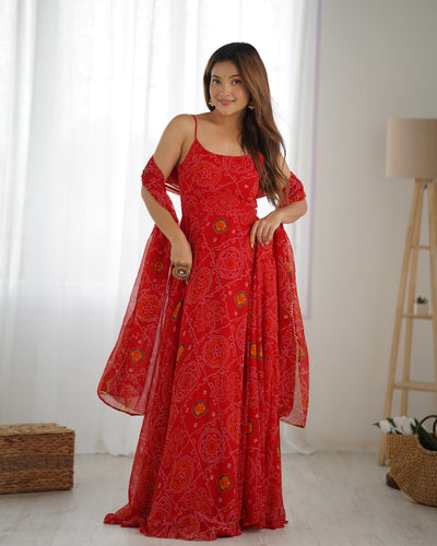 Red Designer Pure Chiffon Bandhej Anarkali Gown with 8-Meter Flare, Padded Backless Dori Pattern & Matching Dupatta – Fully Stitched Festive & Wedding Wear ClothsVilla