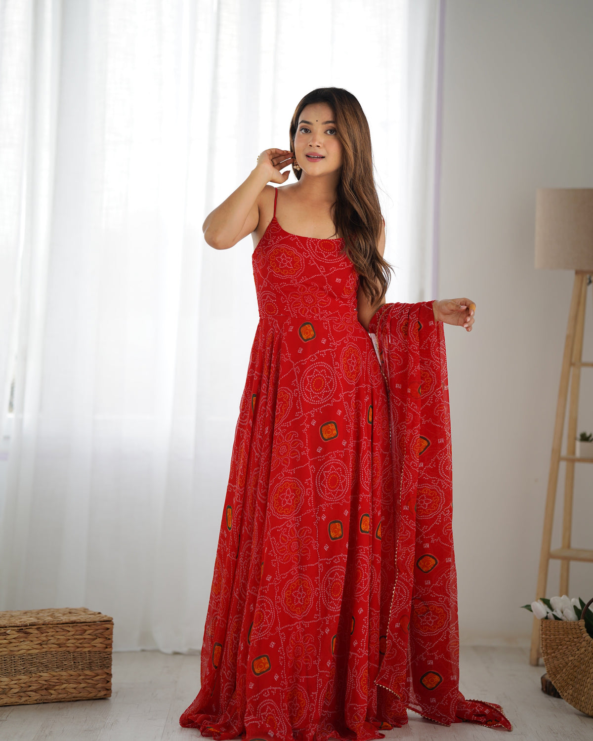 Red Designer Pure Chiffon Bandhej Anarkali Gown with 8-Meter Flare, Padded Backless Dori Pattern & Matching Dupatta – Fully Stitched Festive & Wedding Wear ClothsVilla Main image