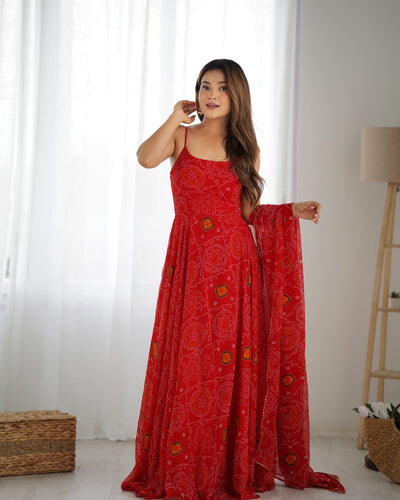 Red Designer Pure Chiffon Bandhej Anarkali Gown with 8-Meter Flare, Padded Backless Dori Pattern & Matching Dupatta – Fully Stitched Festive & Wedding Wear ClothsVilla