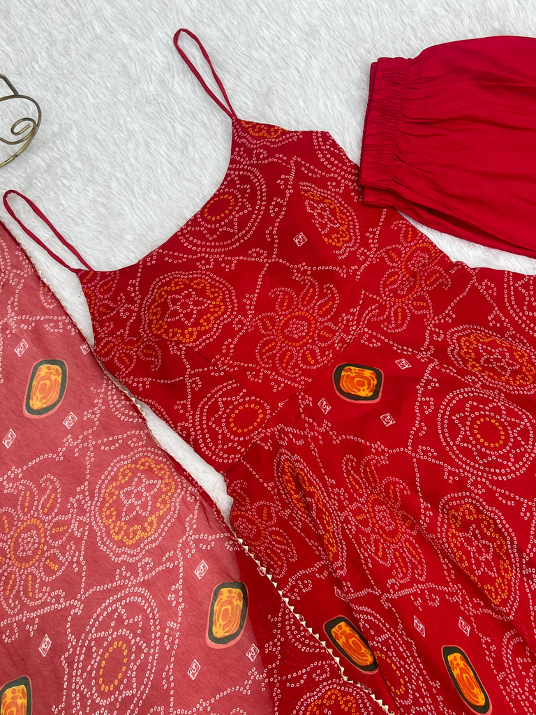 Red Designer Pure Chiffon Bandhej Anarkali Gown with 8-Meter Flare, Padded Backless Dori Pattern & Matching Dupatta – Fully Stitched Festive & Wedding Wear ClothsVilla
