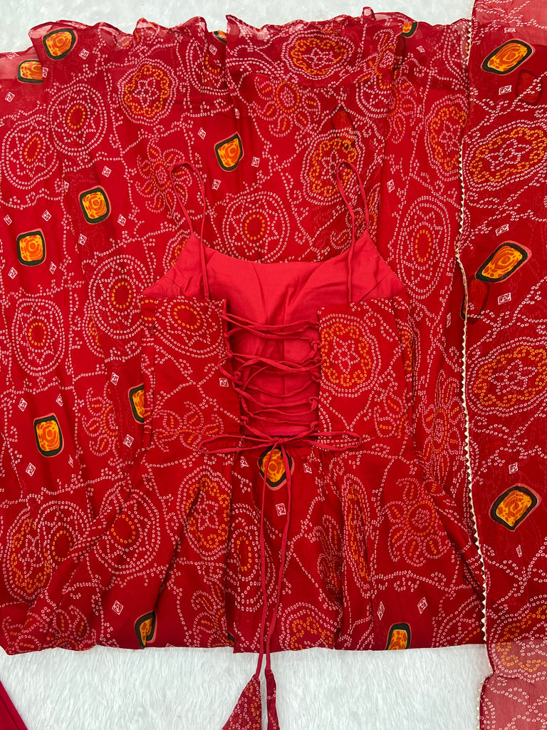 Red Designer Pure Chiffon Bandhej Anarkali Gown with 8-Meter Flare, Padded Backless Dori Pattern & Matching Dupatta – Fully Stitched Festive & Wedding Wear ClothsVilla