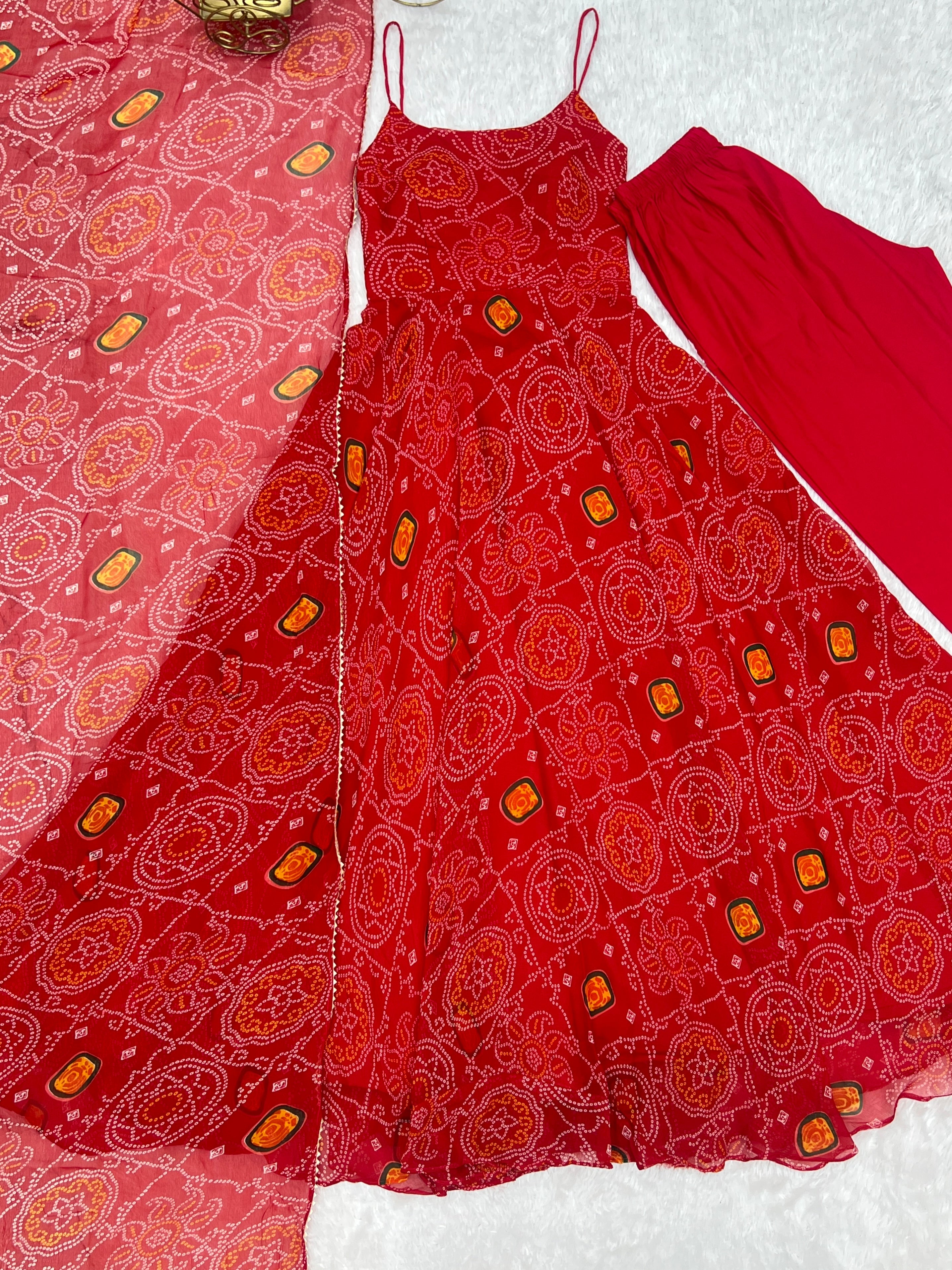 Red Designer Pure Chiffon Bandhej Anarkali Gown with 8-Meter Flare, Padded Backless Dori Pattern & Matching Dupatta – Fully Stitched Festive & Wedding Wear ClothsVilla